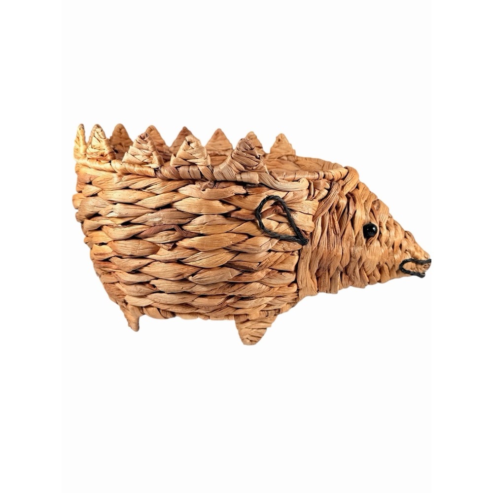 Vintage Woven Wicker Hedgehog Planter Basket, Beaded Eyes, Boho Cottagecore, 15"